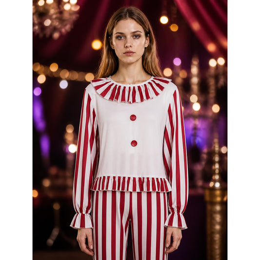 Red & White Striped Clown Costume Set, Ruffle Trim Long Sleeve Top & Pants on-model view