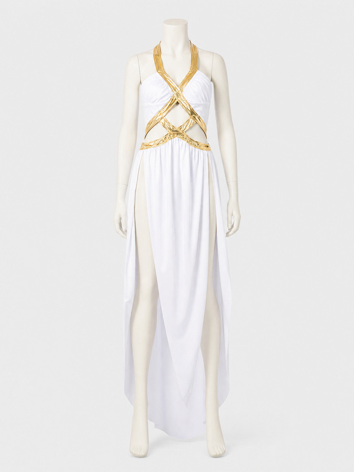 Long White and Gold Cosplay Dress with High Slit
