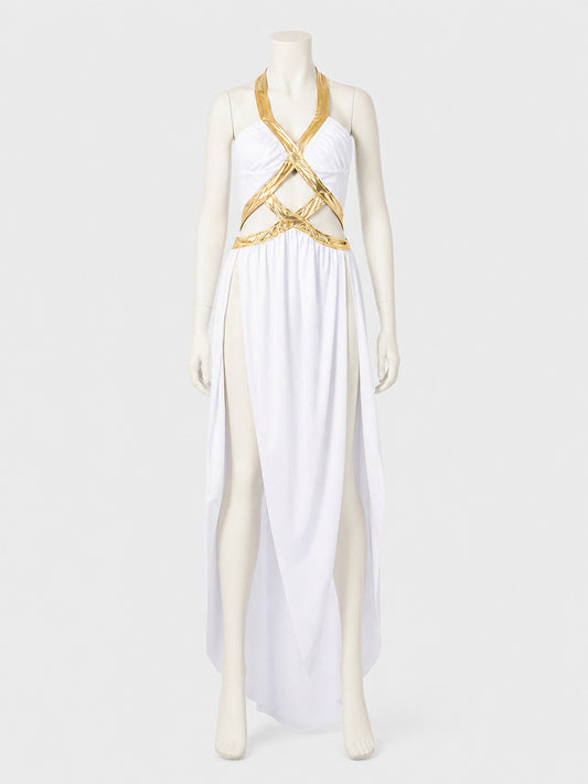 Long White and Gold Cosplay Dress with High Slit