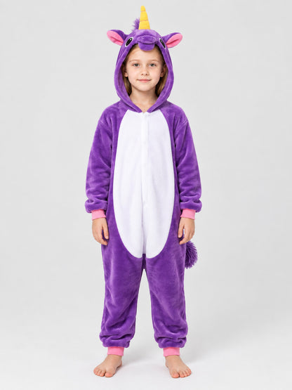 Purple Hooded Pajama Jumpsuit with Horn and Ears