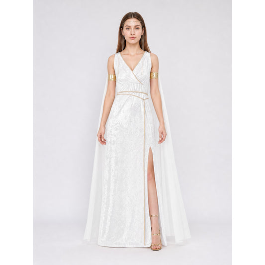 White long Greek-style dress with a high slit