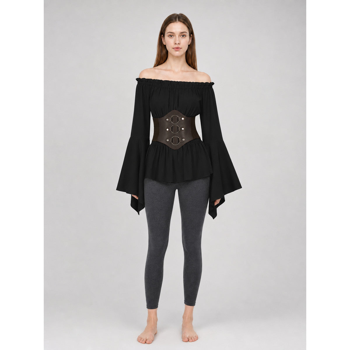 Gothic Costume Dress with a Belt and Flared Sleeves on-model view