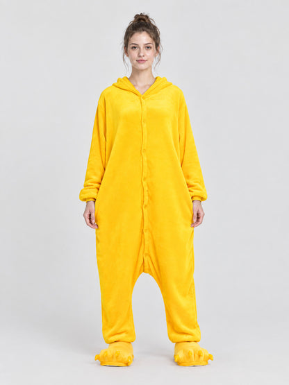 Yellow Fleece Hooded Pajama Jumpsuit with Pockets