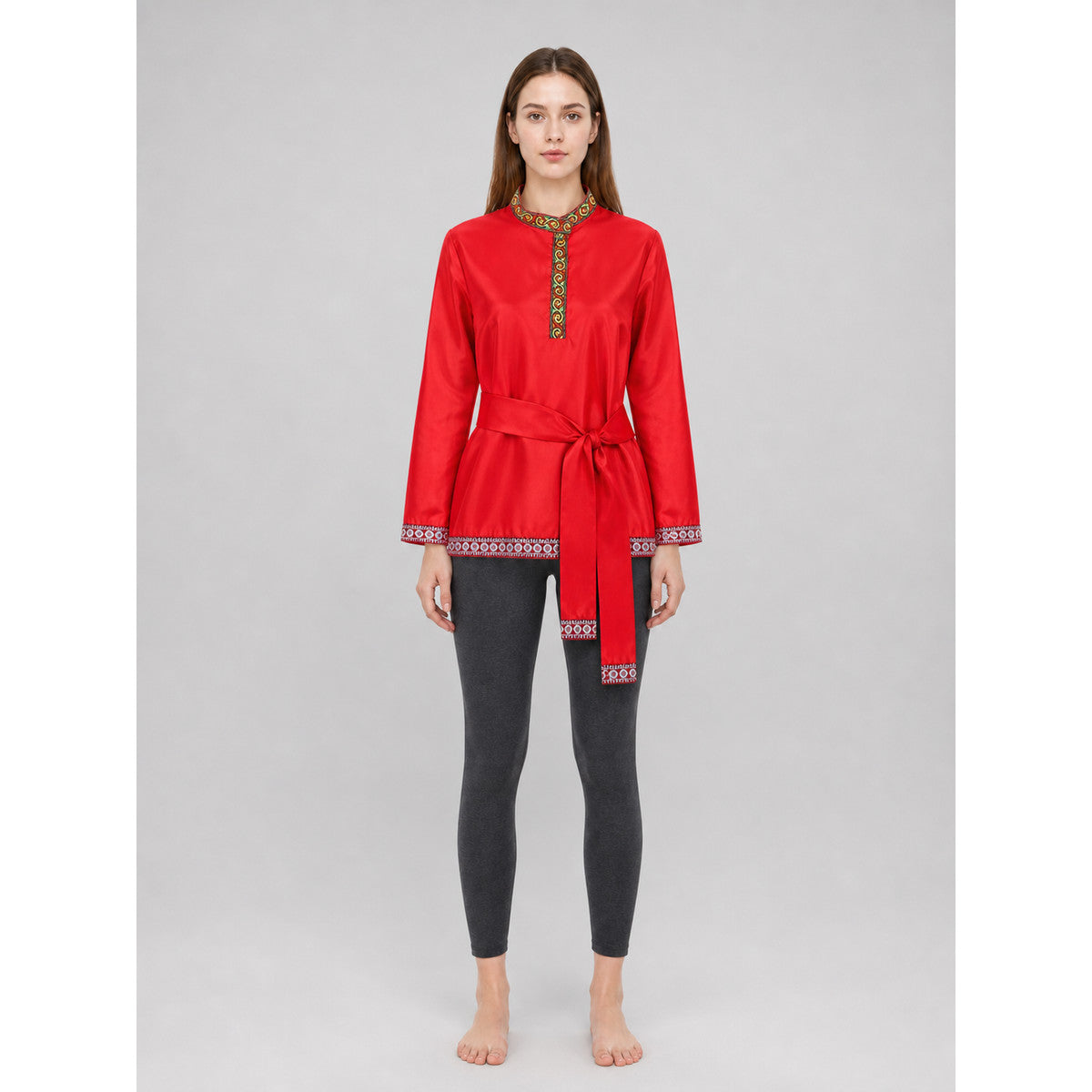 Red Tunic with Ornament, Stand-Up Collar, and Belt on-model view