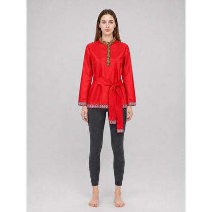 Red Tunic with Ornament, Stand-Up Collar, and Belt on-model view