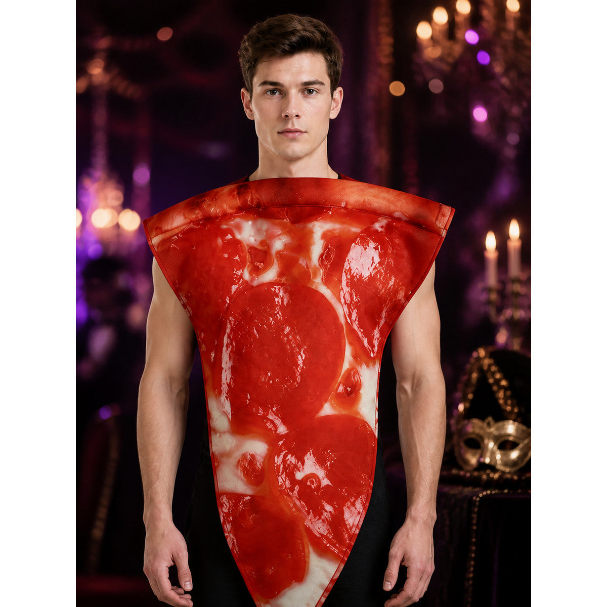 Vending Machine Snack Dispenser Printed Costume Jumpsuit with Stripe Trim on-model view
