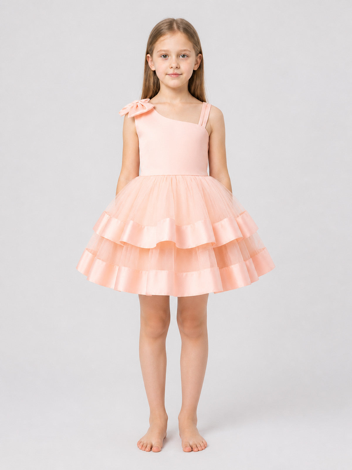 Girls' Pink Tutu Dress with One-Shoulder Bow on-model view