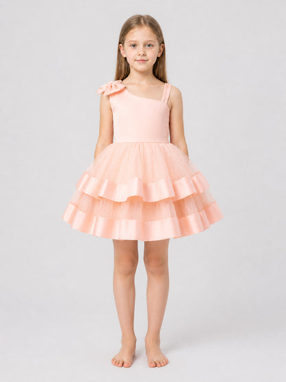 Girls' Pink Tutu Dress with One-Shoulder Bow on-model view