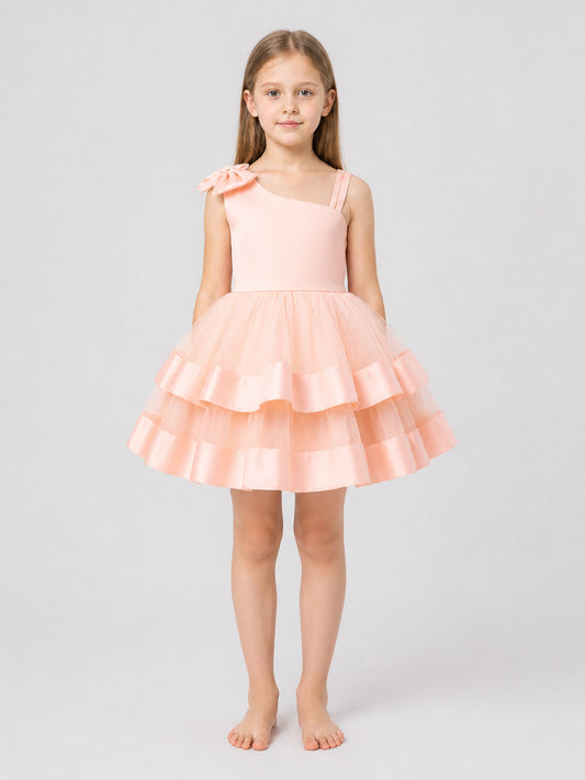 Girls' Pink Tutu Dress with One-Shoulder Bow on-model view