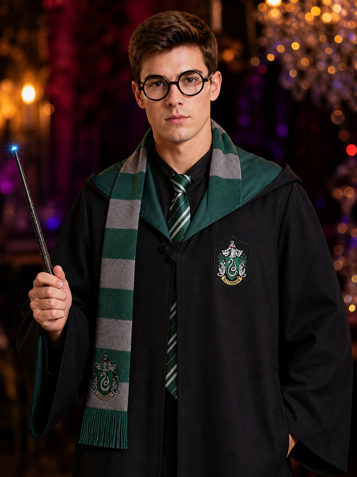 Slytherin Wizard Costume Set, Hooded Black Robe With Scarf, Tie, Glasses And on-model view