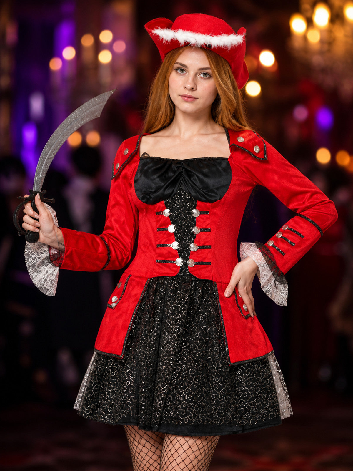 Women's Pirate Costume W-0164, Red and Black, for Halloween on-model view
