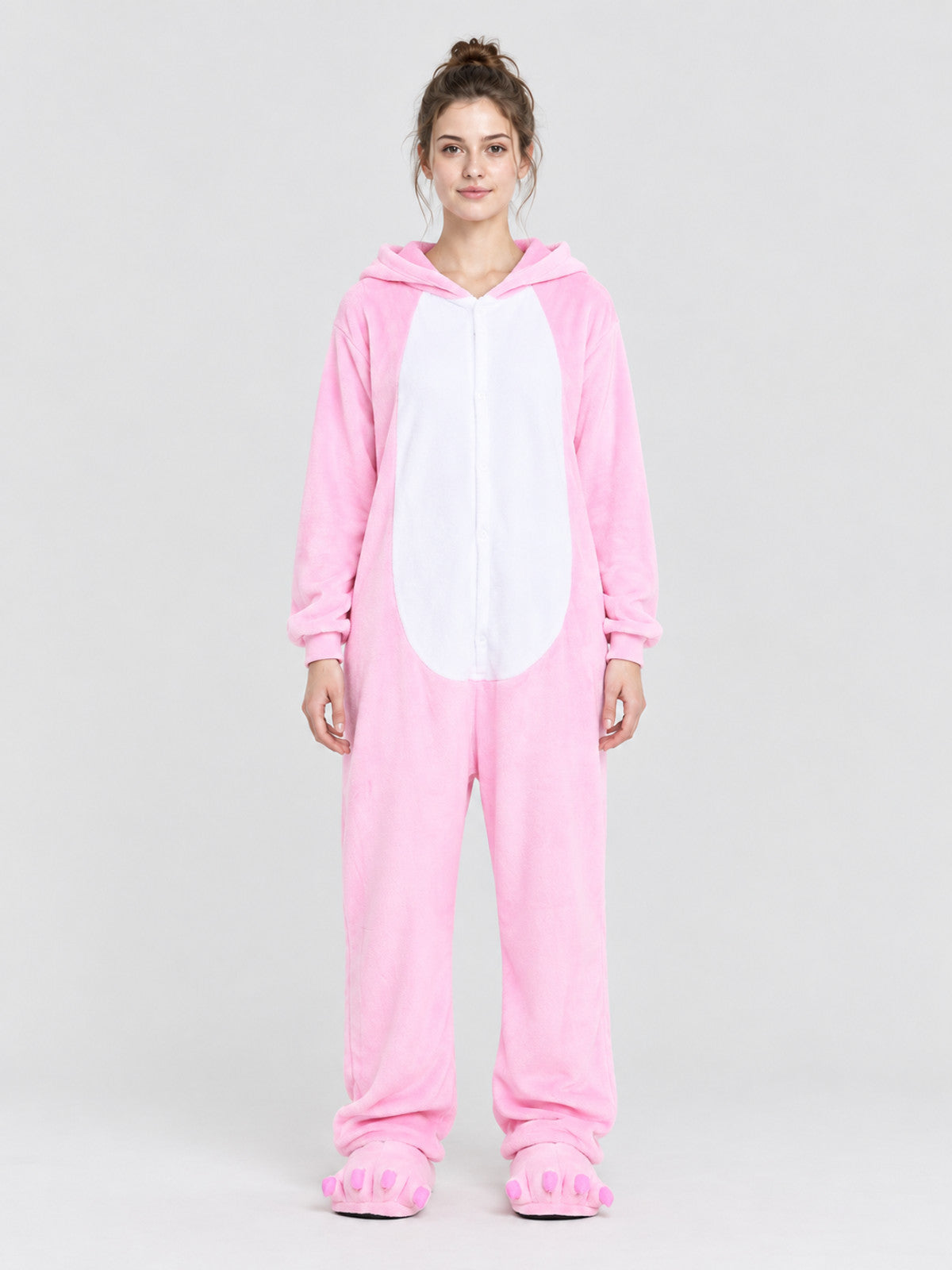 Pink hooded pajama jumpsuit with a face