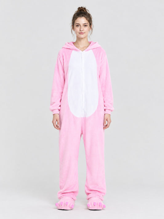 Pink hooded pajama jumpsuit with a face