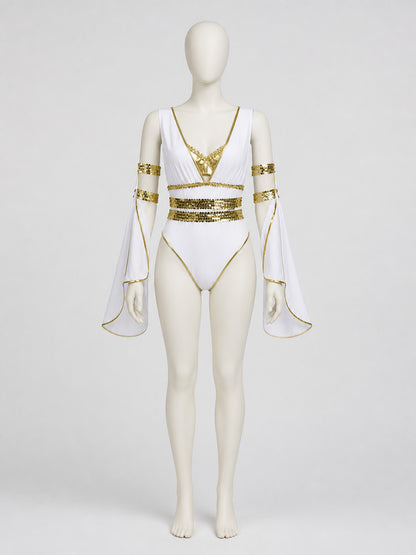 Stage costume jumpsuit, white and gold, 3 pieces on-model view