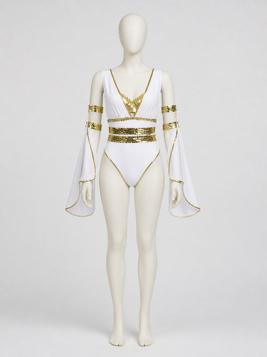 Stage costume jumpsuit, white and gold, 3 pieces on-model view
