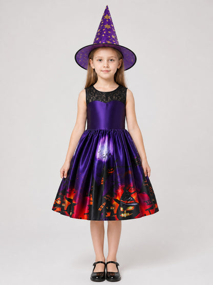 Kids' Witch Costume Dress with Hat, Purple, Halloween on-model view