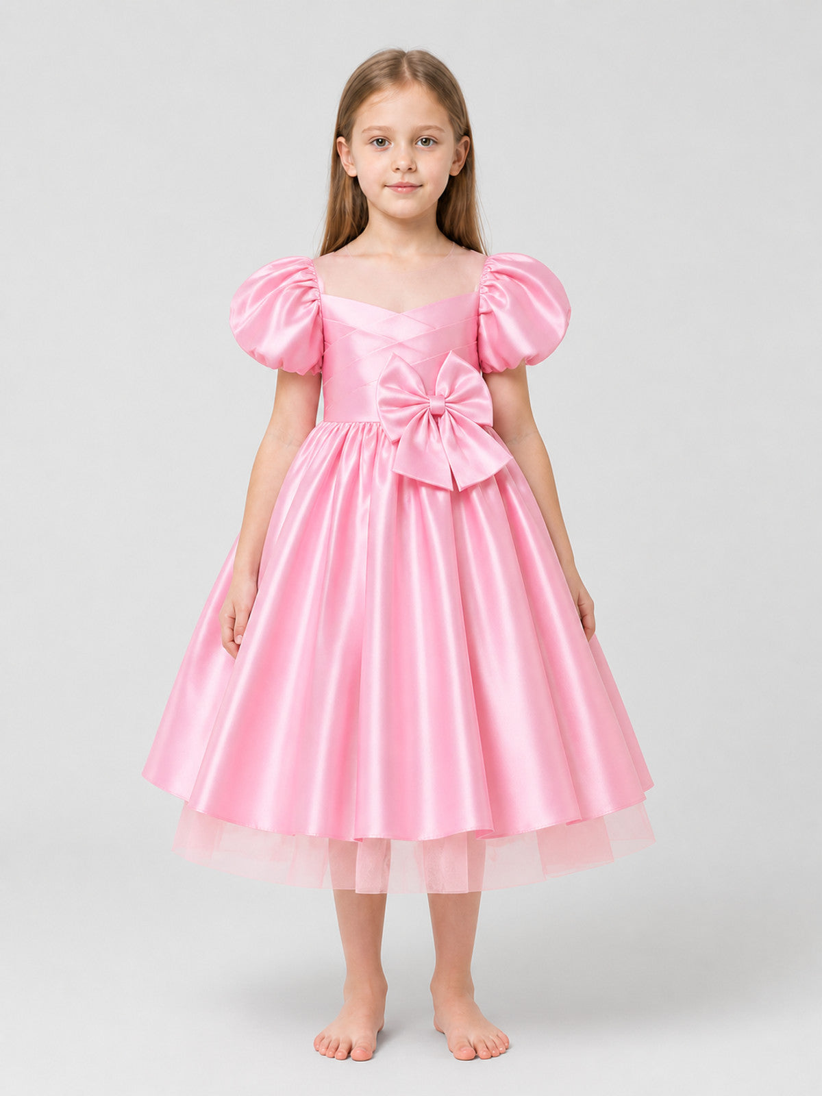 Children’s princess dress with a full skirt and large bow on-model view