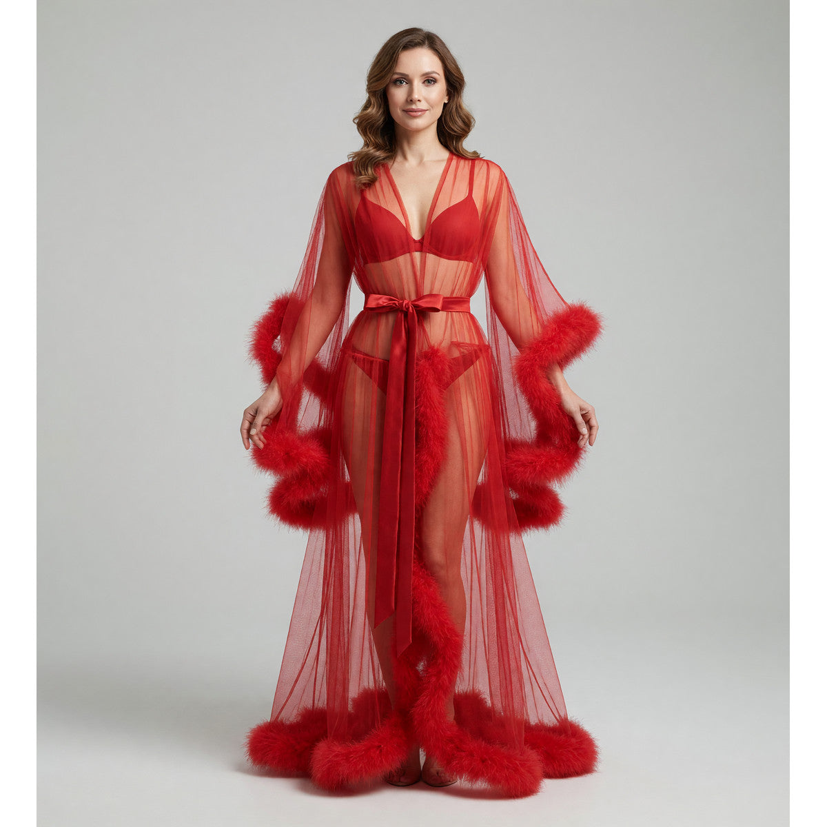 Red Adult Semi-Transparent Cape with Fluffy Trim