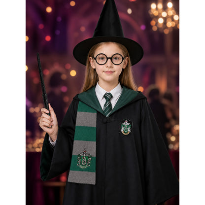 Kids Wizard School Costume Set With Green & Black Robe, Scarf, Tie, Glasses on-model view