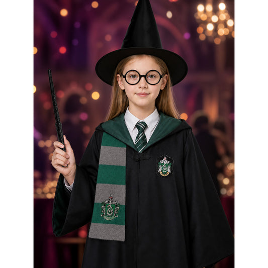 Kids Wizard School Costume Set With Green & Black Robe, Scarf, Tie, Glasses on-model view