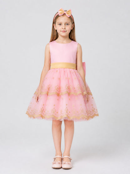 Girls' Princess Party Dress with Bow and Embroidery on-model view