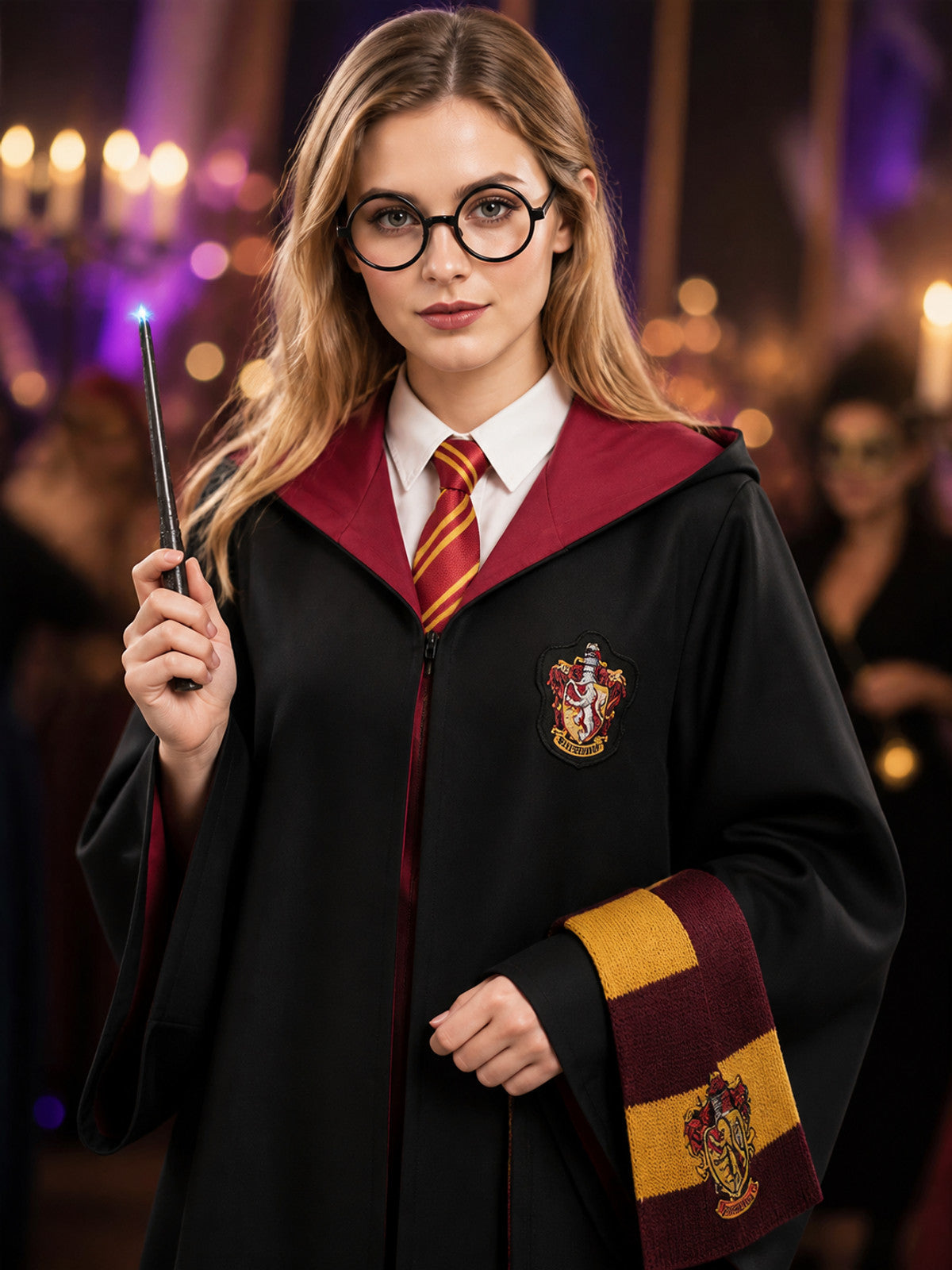 Gryffindor-Themed Wizard Robe Costume Set with Scarf, Tie, Glasses and Wand on-model view