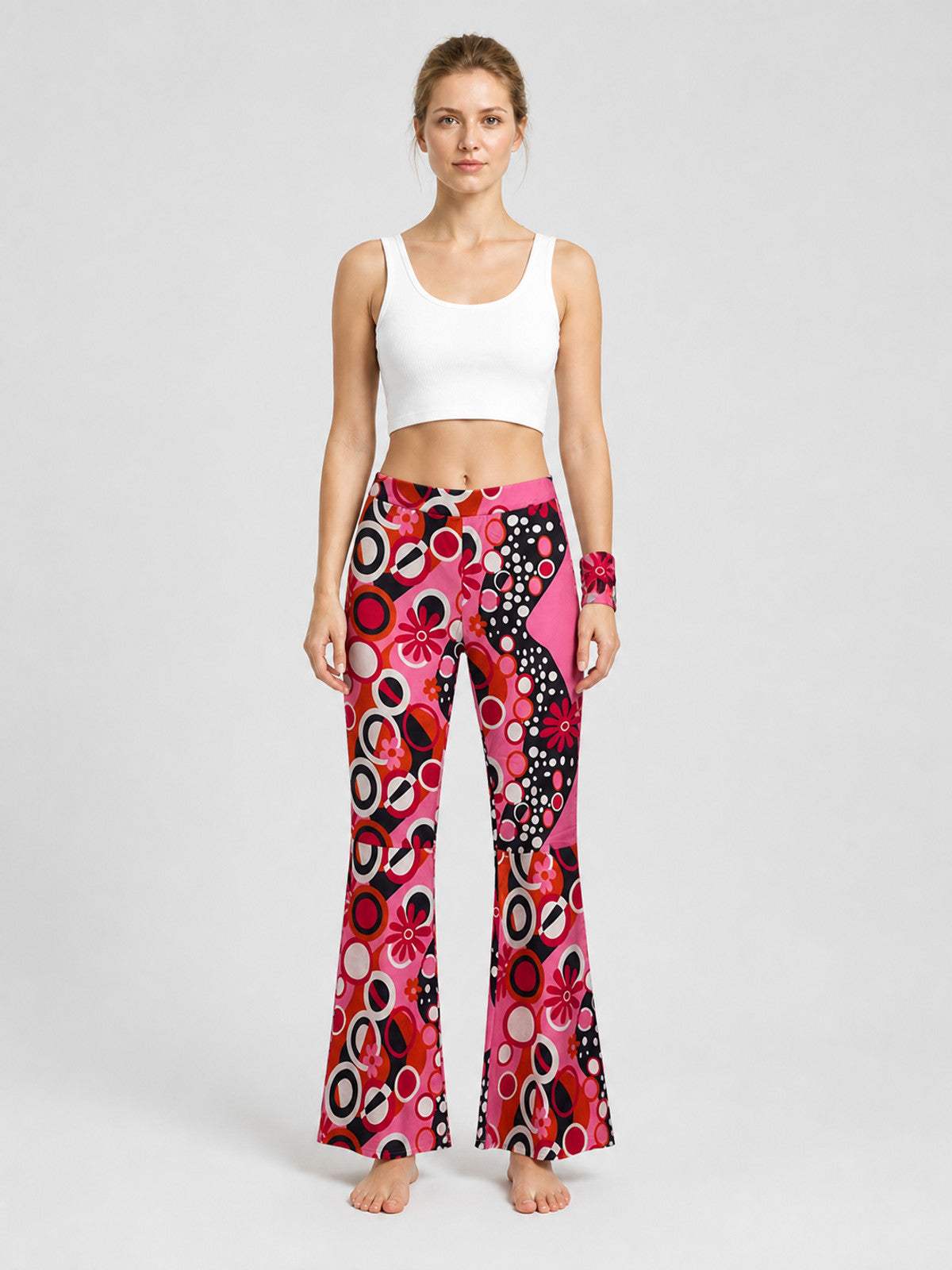 Flare-Leg Pants with a Bright Floral Boho Print on-model view