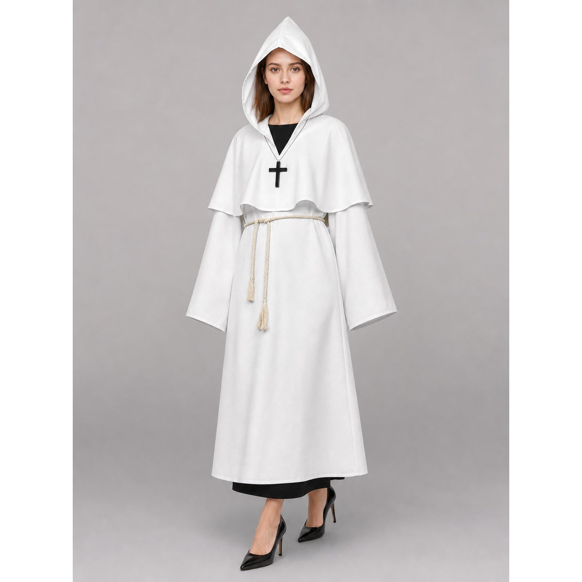 Model wearing a white hooded monk robe costume with shoulder capelet, beige rope belt and black cross pendant, hood up, front view