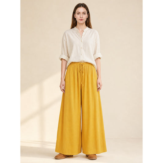 Wide-Leg Yellow High-Waisted Pants with Drawstring