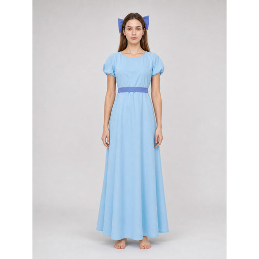 Peter Pan cosplay dress in light blue with contrasting purple-blue details. This style features a round neckline, short sleeves, and a long silhouette with a fitted upper body and a flared A-line skirt. The waist has contrasting ties that a