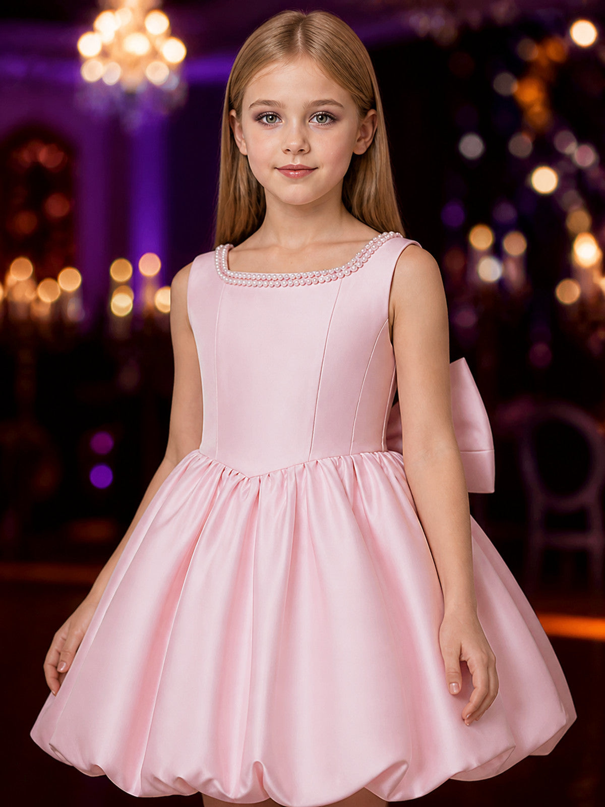 Girls' Pink Princess Dress, Sleeveless Pearl Neckline and Bow Back, Pleated Full on-model view