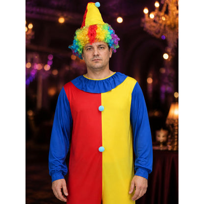 Halloween Adult Unisex Clown Costume Set with Red-Yellow Jumpsuit and Hat on-model view