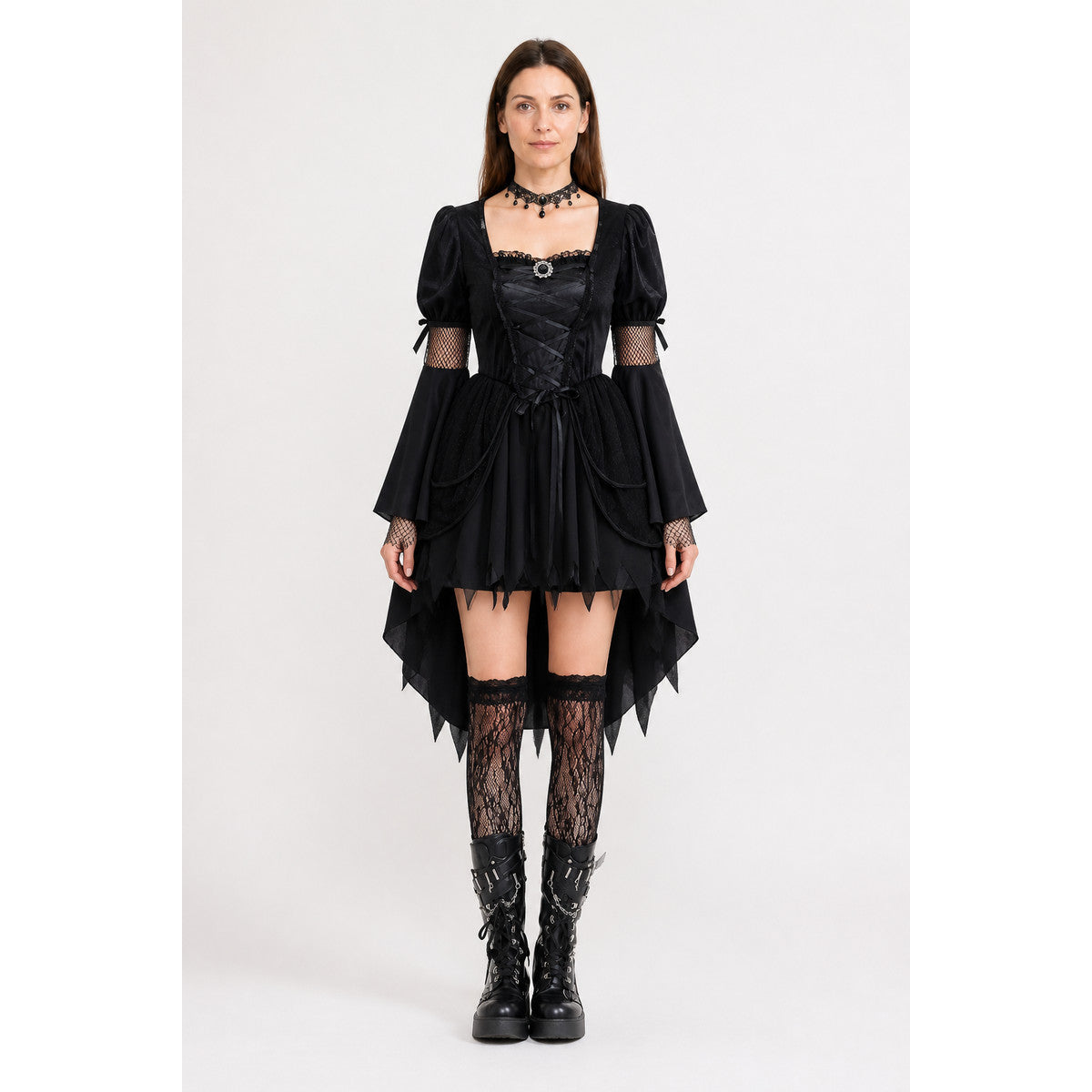 Black Gothic Dress with Asymmetrical Hem and Accessories main product view