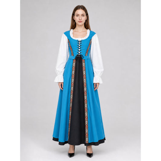 Blue-White-Black Dress with Crisscross Lacing on-model view