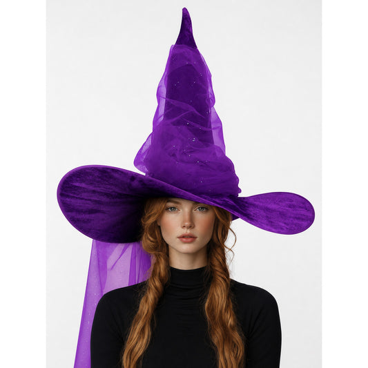 Purple Halloween Witch Hat for Women and Men, Tall Pointed Wide Floppy Brim with Layered Sheer Mesh Draping and Glitter-Like Specks for Cosplay Costume Party