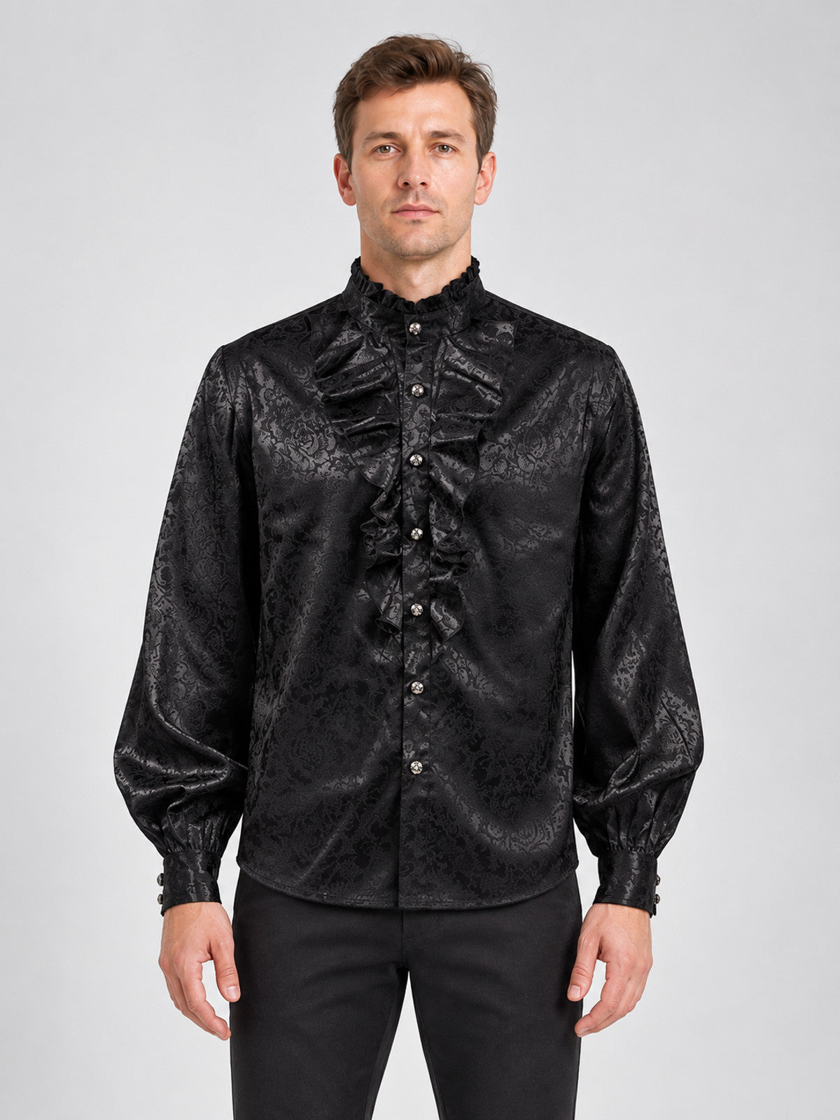Black Shiny Shirt with Jabot and Ruffles