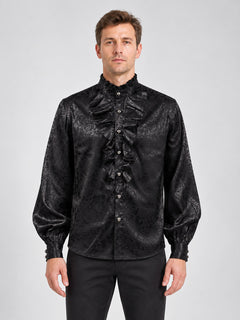 Black Shiny Shirt with Jabot and Ruffles