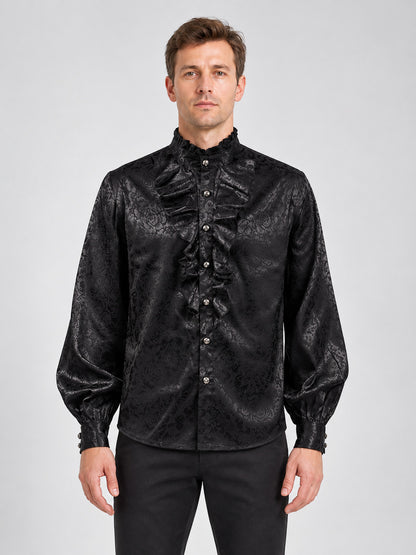 Black Shiny Shirt with Jabot and Ruffles