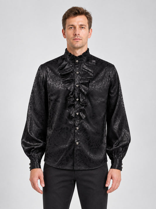 Black Shiny Shirt with Jabot and Ruffles