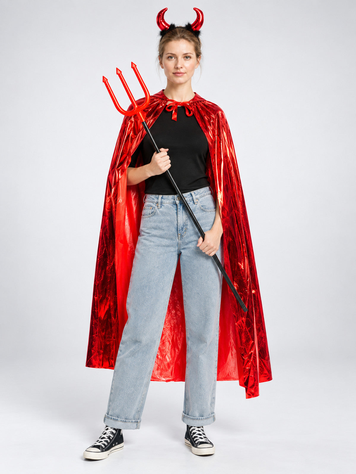 Red Costume with Cape, Horn Headband, and Trident on-model view