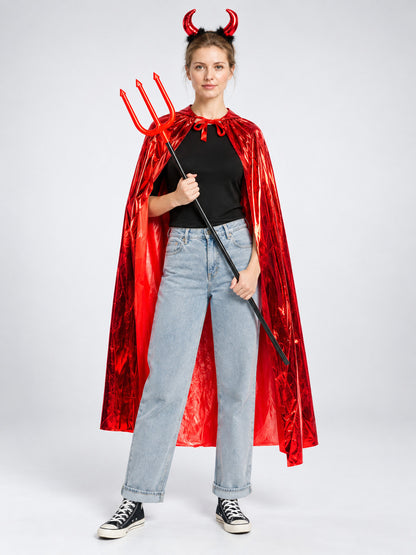 Red Costume with Cape, Horn Headband, and Trident on-model view