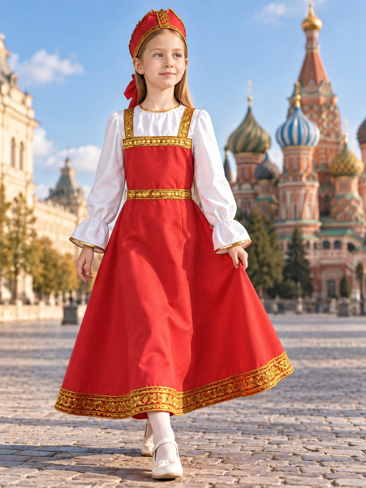 Long Red Dress with Gold-Tone Trim main product view