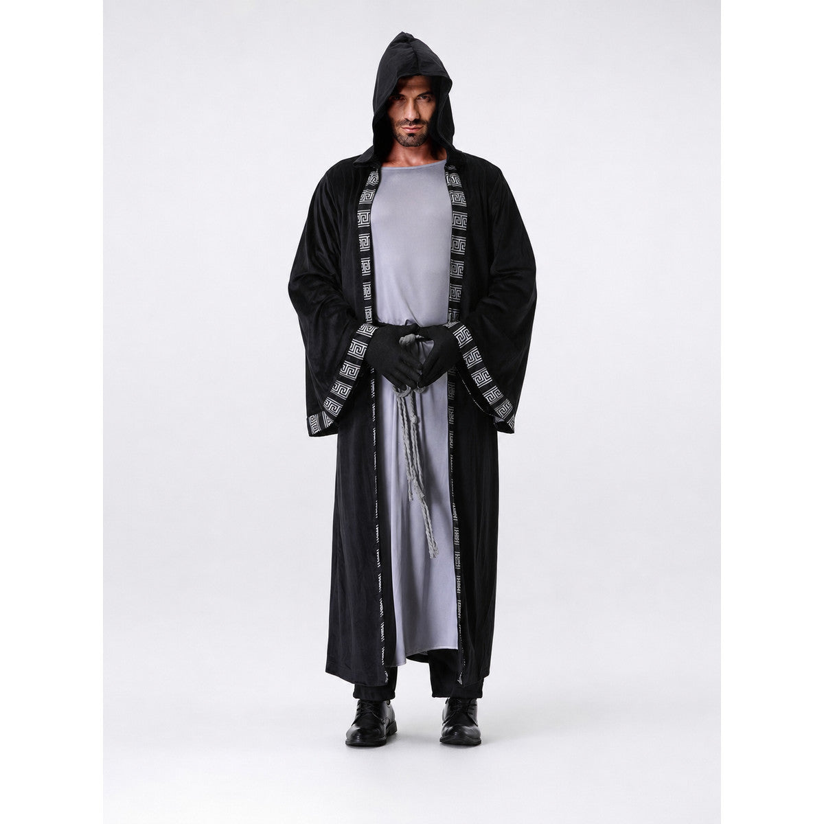 Fantasy costume with hood, robe, and gloves on-model view
