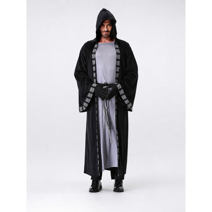Fantasy costume with hood, robe, and gloves on-model view