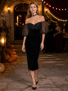 Black Off-Shoulder Dress with Long Puff Sleeves, Shiny Texture, Fitted