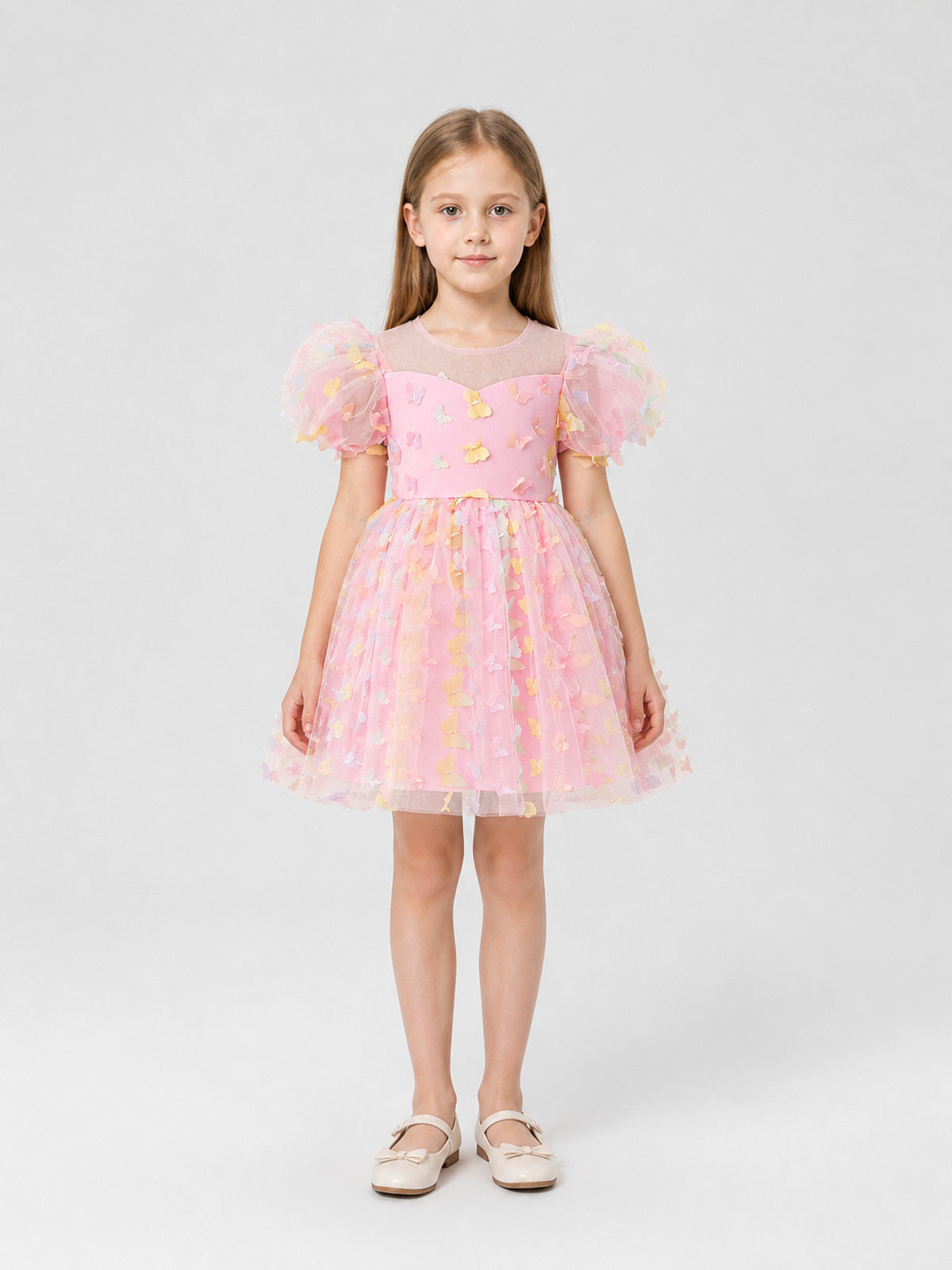 Dress with Puff Sleeves, a Full Skirt, and Butterflies on-model view