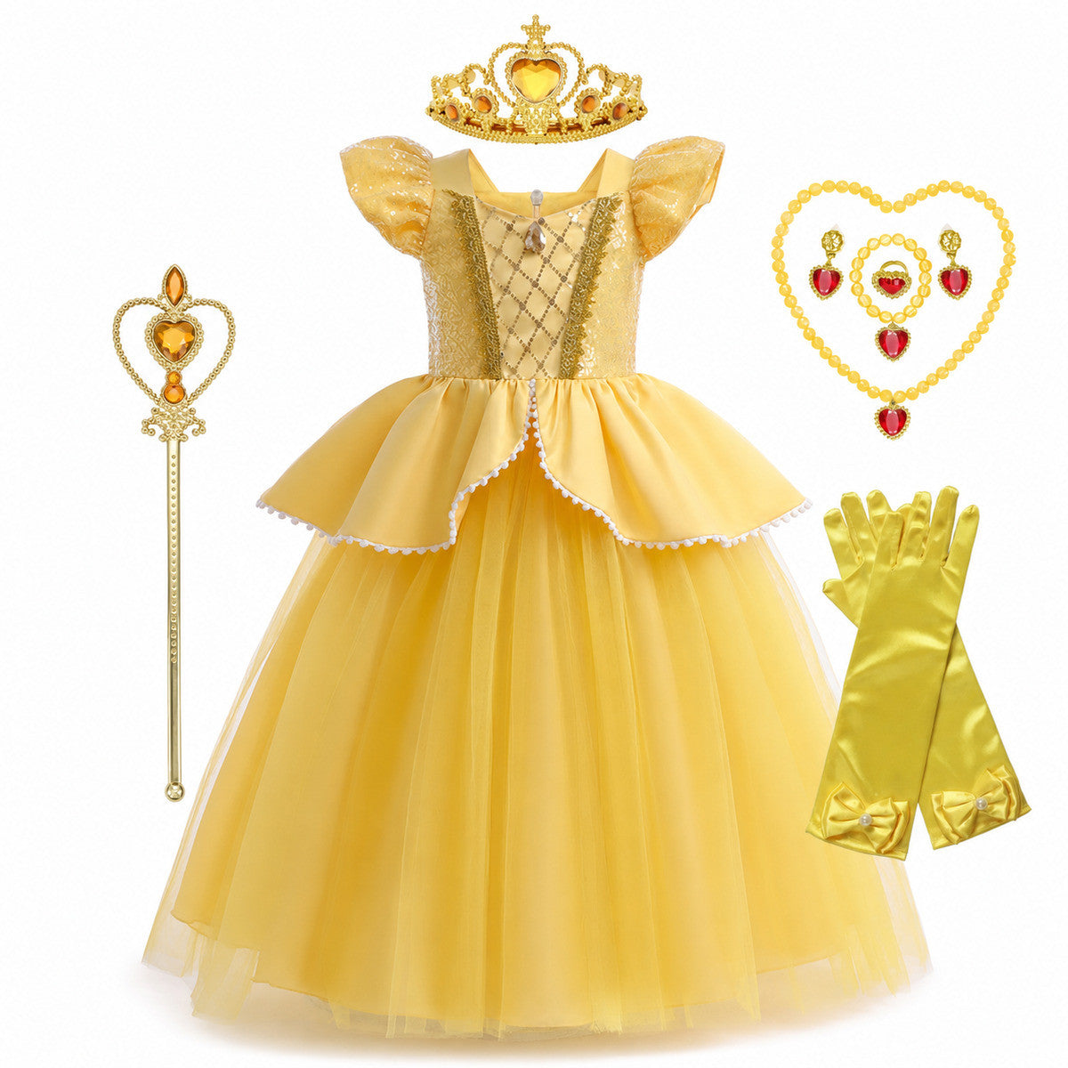 Girls Belle Princess Dress Beauty and the Beast Sequin Tulle Gown Kids Birthday Halloween Cosplay Party Dress - Color:D