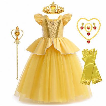 Girls Belle Princess Dress Beauty and the Beast Sequin Tulle Gown Kids Birthday Halloween Cosplay Party Dress - Color:D