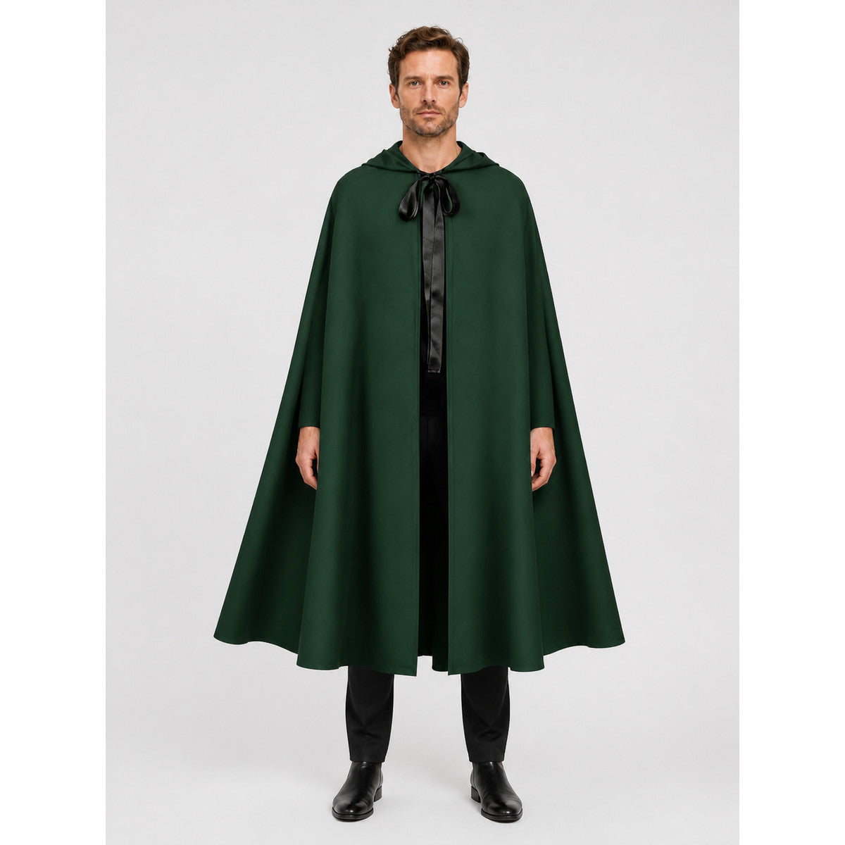 Medieval Hooded Cloak for Cosplay, Dark Green on-model view