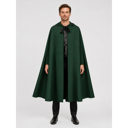 Medieval Hooded Cloak for Cosplay, Dark Green on-model view